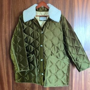 J. Crew Dark Olive Quilted Puffer Coat with Sherpa Collar- Like New Condition